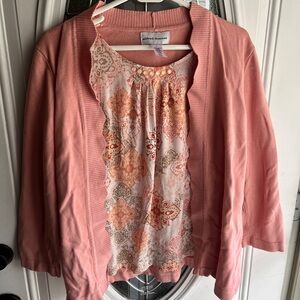 Alfred Dunner Women’s Sweater Attached Blouse, Sz L, Coral/Pink 3/4 Slv